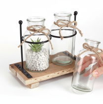 Article Vase décoratif en forme de bouteille, verre et bois, 23 x 12 x 19,5 cm, lot de 2