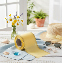 Article Ruban décoratif moiré jaune à bordure dorée, largeur 100 mm, longueur 25 m, pour la confection de couronnes, idéal pour l'art floral et la décoration.