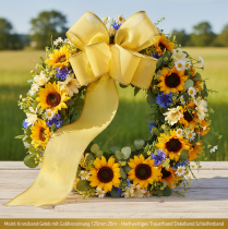 Article Ruban moiré pour couronne, jaune à bordure dorée, 125 mm x 25 m - Ruban de deuil de haute qualité, ruban décoratif, ruban pour nœud