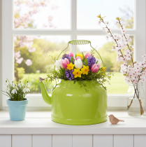 Article Théière décorative en métal, vert pomme - pot de fleurs - Ø 20 cm H 15 cm - décoration de jardin polyvalente et idée cadeau