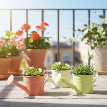 Article Ensemble d'arrosoirs décoratifs aux tons pastel saumon, vert et jaune-vert - pot en métal Ø11 cm H10 cm, 8 pièces