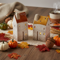 Article Maison décorative en céramique avec cheminée, photophore pour bougie chauffe-plat, automne et hiver, 13 cm, lot de 2.