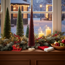 Article Sapin de Noël décoratif, silhouette fine sur socle en bois, 60 cm