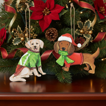 Article Décoration de Noël en forme de chien, ornement à suspendre, chien avec écharpe et chapeau, 12 cm, lot de 2