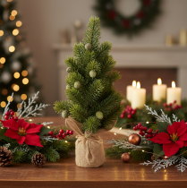 Article Sapin de Noël artificiel en sac de jute, petite décoration de table, mini sapin de Noël, 38 cm