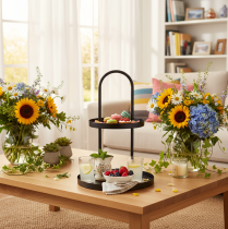 Article Plateau décoratif rond en métal à deux niveaux, 58 cm