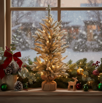 Article Sapin de Noël artificiel enneigé dans un sac en jute, 40 LED, pour usage intérieur, 85 cm