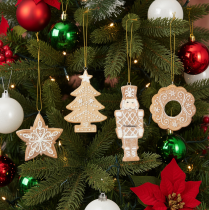 Article Décorations de Noël, pain d'épice, aspect glaçage, casse-noisette, étoile, sapin, couronne, 6 cm, lot de 4