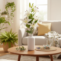 Article Lys artificiels, 6 fleurs blanches, branche fleurie réaliste, 66 cm
