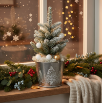 Article Pot de fleurs en métal avec sapins pailletés, 13 cm