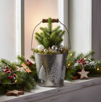 Article Seau décoratif avec sapins et poignée en bois, 13 cm