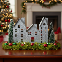 Article Décoration de fenêtre de Noël, lanterne, diorama représentant une rangée de maisons, décoration en métal argenté, style shabby chic, L 20 cm x H 20 cm