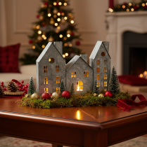 Article Décoration de fenêtre de Noël, lanterne, diorama représentant une rangée de maisons, décoration en métal argenté, style shabby chic, L 20 cm x H 20 cm