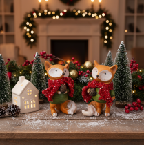Article Renard décoratif avec écharpe et pomme de pin, 10 cm, 2 pièces