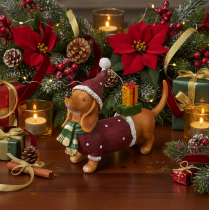 Article Figurine décorative de teckel avec emballage cadeau et chapeau, 18 cm