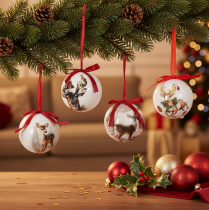 Article Boule de Noël avec motif de cerf et ruban pour la suspendre, 7 cm, lot de 4