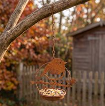 Article Oiseau en métal à suspendre, mangeoire, oiseau avec crochet patiné 11,5×13cm