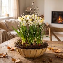 Article Jardinière ronde, décoration florale, bol en plastique, récipient pour compositions florales, vert, blanc chiné, H8,5cm, Ø30cm