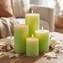 Article Bougies piliers de couleur unie vert citron différentes tailles