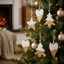 Article Décorations suspendues en bois blanc et doré motifs étoile, cœur et sapin 6 pièces