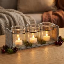 Article Récipient en verre rustique dans un support en bois gris et blanc - 27,5x9x11 cm - Solution de rangement et décorative polyvalente