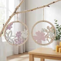 Article Déco florale à suspendre Décoration de printemps en bois Nature, blanc et violet Ø12cm 6pcs