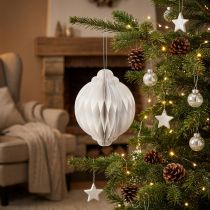 Article Boule décorative en papier blanc Ø15cm avec bord pailleté et ruban doré