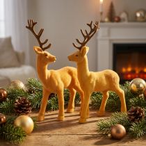 Article Cerf déco renne jaune marron floqué H20,5cm lot de 2