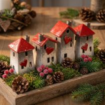 Article Maisons romantiques en céramique avec motif cœur - tons rouges et naturels, 11 cm - décoration d'hiver conçue avec amour - 3 pcs