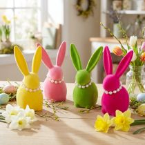 Article Figurine décorative de lapin de Pâques avec collier de perles, idéale pour le salon ou la chambre, 13 cm, lot de 4