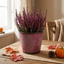 Article Cache-pot à décor de feuilles, décoration d'automne, jardinière en métal rouge vin Ø16,5 cm H14,5 cm