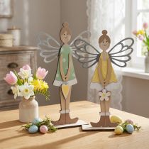 Article Lutin décoratif, décoration printanière, fée à poser, décoration en bois vert, jaune H34cm lot de 2