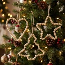 Article Décorations suspendues Noël perles bois forme cœur, étoile, sapin 13 cm - Lot de 6