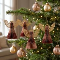 Article Décoration de Noël Angelots en Papier Bordeaux et Rose avec Détails Dorés, 12 cm, Lot de 4