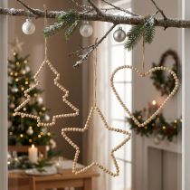 Article Décorations suspendues en bois perlé Noël - Cœur, Étoile et Sapin, H20-23 cm, Lot de 3