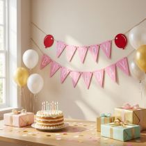 Article Guirlande de fanions décorative d'anniversaire en feutrine rose, 300 cm