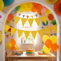 Article Guirlande de fanions décorative d'anniversaire en feutrine, jaune et orange, 300 cm