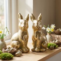 Article Lapin doré décoration assis aspect antique Lapin de Pâques H12,5cm 2pcs