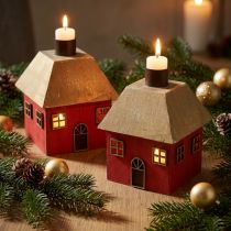 Article Bougeoir Maison de Noël bois rouge 9×9×11cm 2 pcs