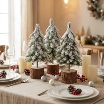 Article Mini sapin de Noël socle en bois vert blanc Ø8cm H18cm 3pcs
