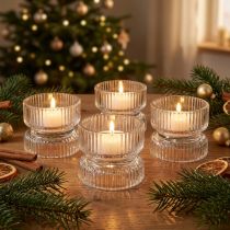Article Photophore verre nervuré décoratif clair Ø9cm H7cm 4 pcs