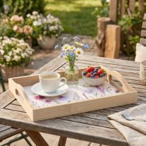 Article Plateau rectangulaire en bois, fleurs naturelles, papillon, L35cm