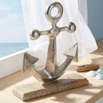 Article Ancre Décorative Métal sur Socle Bois Argent Naturel H21cm