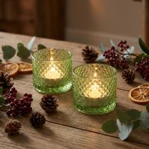 Article Bol décoratif en verre, porte-bougie chauffe-plat, vert, style rétro, Ø 10,5 cm, lot de 2