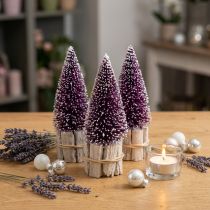 Article Sapin de Noël décoratif violet avec pointe de neige sur socle en bois rustique 15cm 3 pièces.