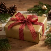 Article Ruban de Noël avec fils dorés, ruban cadeau rouge 25 mm, 20 m