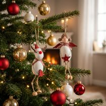 Article Figurines de Noël, ange et renne, à suspendre, blanc, rouge, Ø 4,7 cm, H 20/18 cm, lot de 2