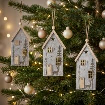 Article Lot de 6 décorations de Noël maisons en feutre beige avec motifs, 15 cm