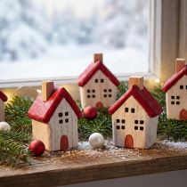 Article Maison de Noël en bois Décoration de Noël blanc rouge 7cm 6 pièces