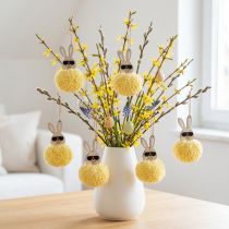 Article Décoration de Pâques à suspendre, lapin duveteux, jaune, Ø7cm, lot de 6